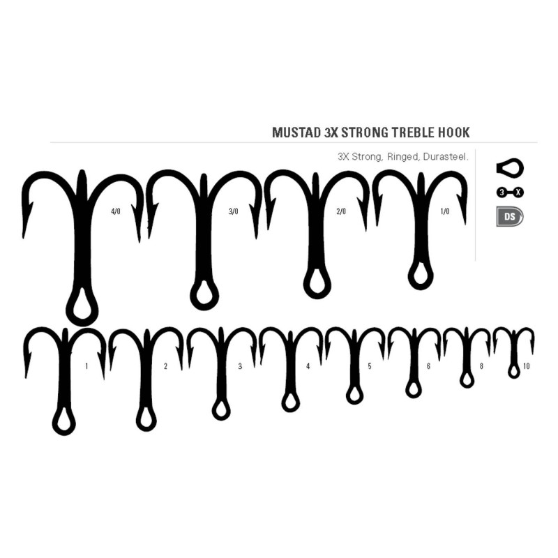 100 Mustad 3565-NI Treble Hooks - 2X Strong Nickel, Size 1/0, 4, 6 (Choose Size)